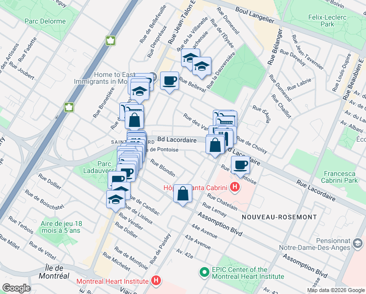 map of restaurants, bars, coffee shops, grocery stores, and more near 7155 Rue de Pontoise in Montréal