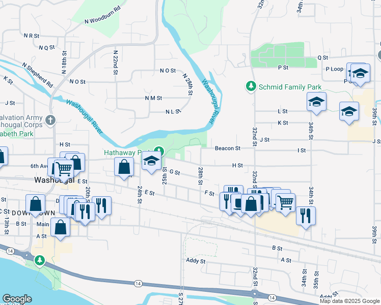 map of restaurants, bars, coffee shops, grocery stores, and more near 880 27th Street in Washougal