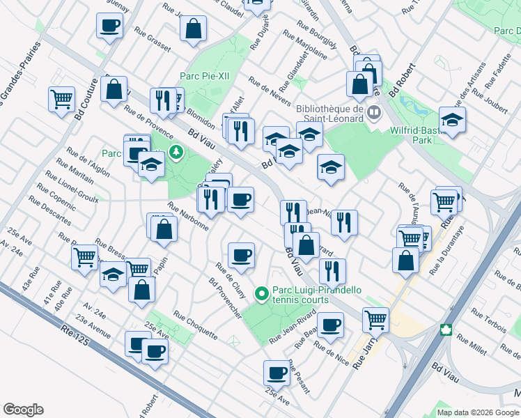 map of restaurants, bars, coffee shops, grocery stores, and more near 8510 Rue Jean-Nicolet in Montreal