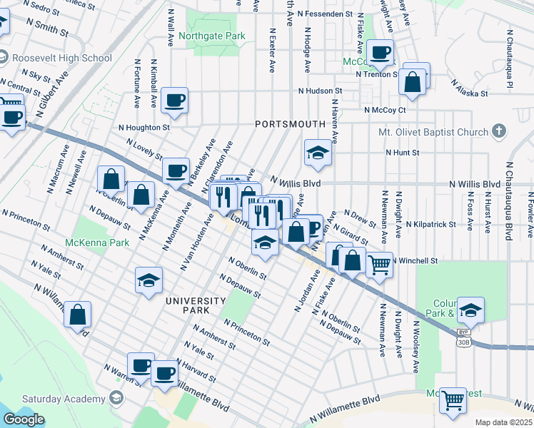 map of restaurants, bars, coffee shops, grocery stores, and more near 7651 North Hereford Avenue in Portland
