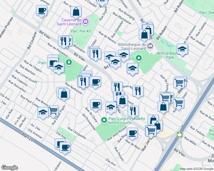 map of restaurants, bars, coffee shops, grocery stores, and more near 8510 Rue Jean-Nicolet in Montréal