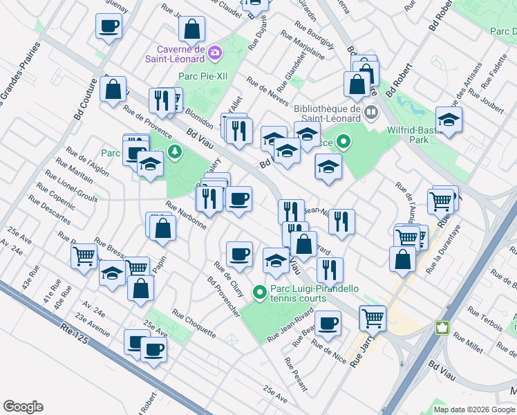 map of restaurants, bars, coffee shops, grocery stores, and more near 8510 Rue Jean-Nicolet in Montreal