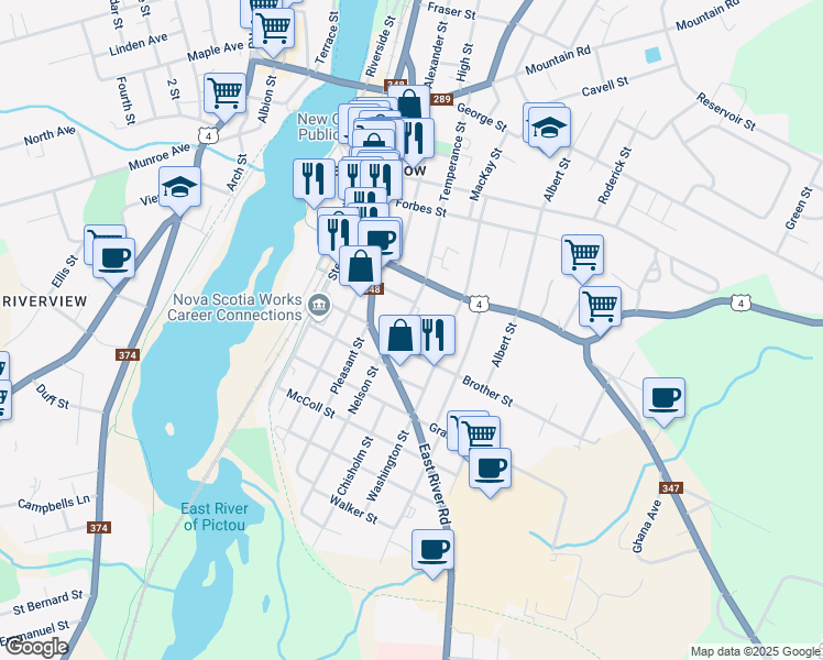 map of restaurants, bars, coffee shops, grocery stores, and more near 344 Temperance Street in New Glasgow
