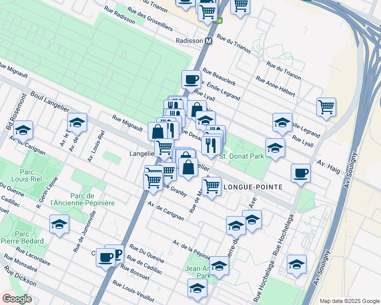 map of restaurants, bars, coffee shops, grocery stores, and more near 3195 Avenue Parkville in Montréal