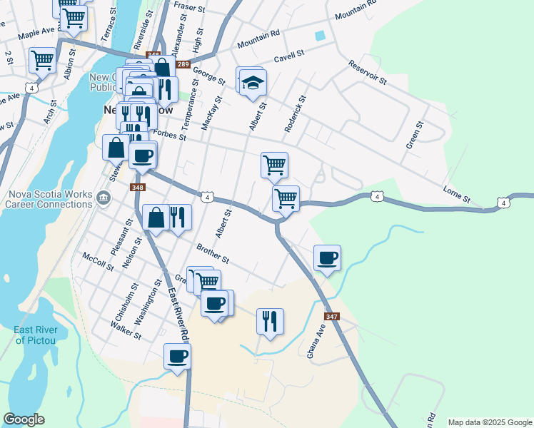 map of restaurants, bars, coffee shops, grocery stores, and more near 281 Grant Street in New Glasgow