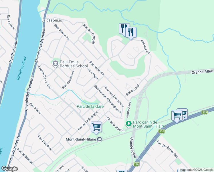 map of restaurants, bars, coffee shops, grocery stores, and more near 783 Rue des Cheminots in Mont-Saint-Hilaire