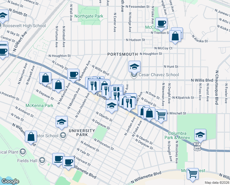 map of restaurants, bars, coffee shops, grocery stores, and more near 7703 North Hereford Avenue in Portland