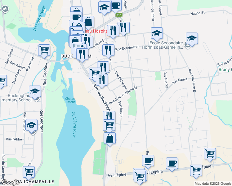 map of restaurants, bars, coffee shops, grocery stores, and more near 650 Rue Maple in Gatineau