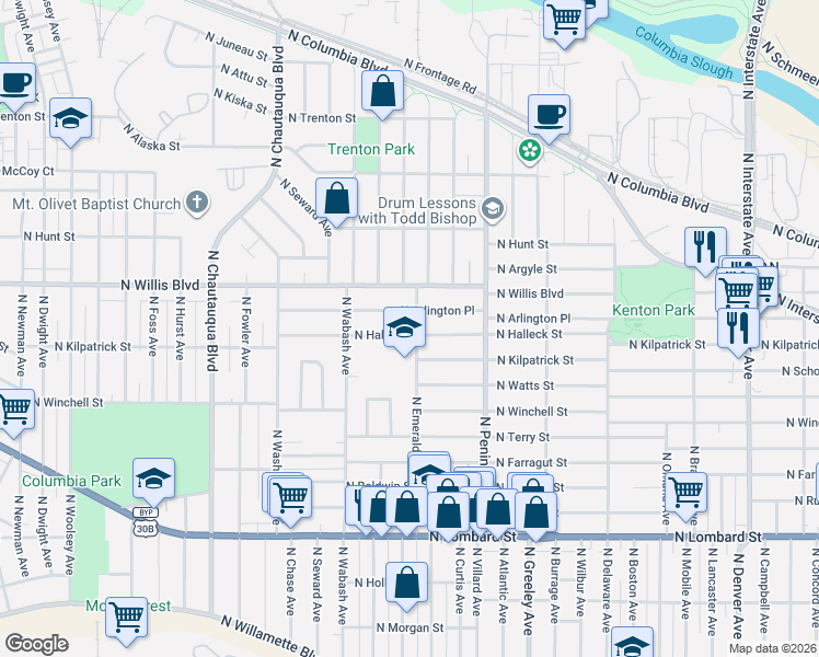 map of restaurants, bars, coffee shops, grocery stores, and more near 8257 North Emerald Avenue in Portland