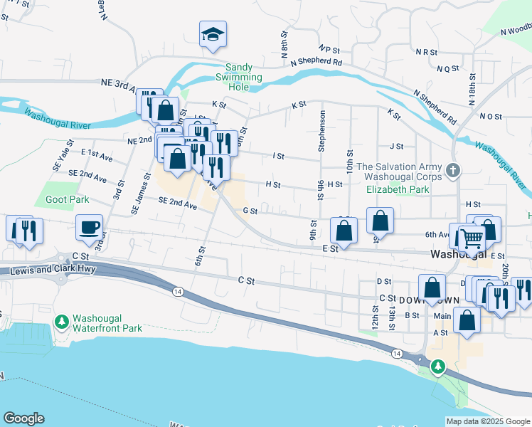 map of restaurants, bars, coffee shops, grocery stores, and more near 781 G Street in Washougal