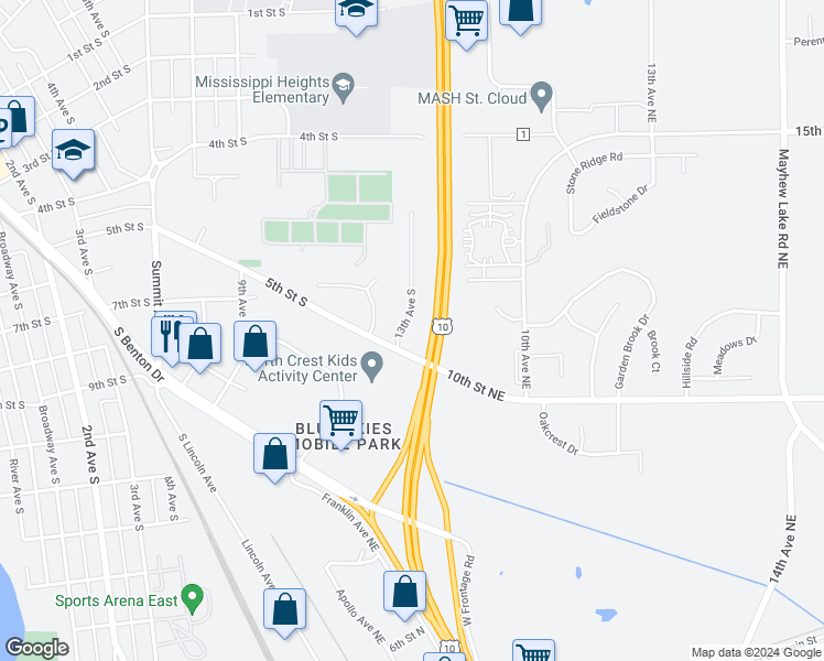 map of restaurants, bars, coffee shops, grocery stores, and more near 488 13th Avenue South in Sauk Rapids