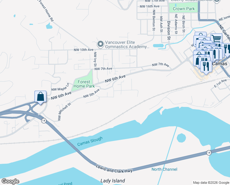 map of restaurants, bars, coffee shops, grocery stores, and more near 820 Northwest 5th Circle in Camas