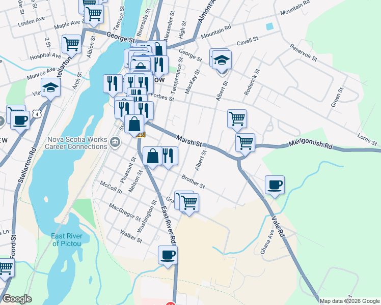 map of restaurants, bars, coffee shops, grocery stores, and more near 306 Frederick Street in New Glasgow