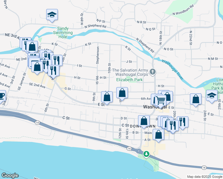 map of restaurants, bars, coffee shops, grocery stores, and more near 835 12th Street in Washougal