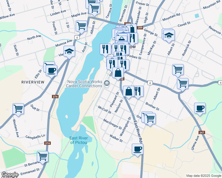 map of restaurants, bars, coffee shops, grocery stores, and more near 389 Macdonald Street in New Glasgow