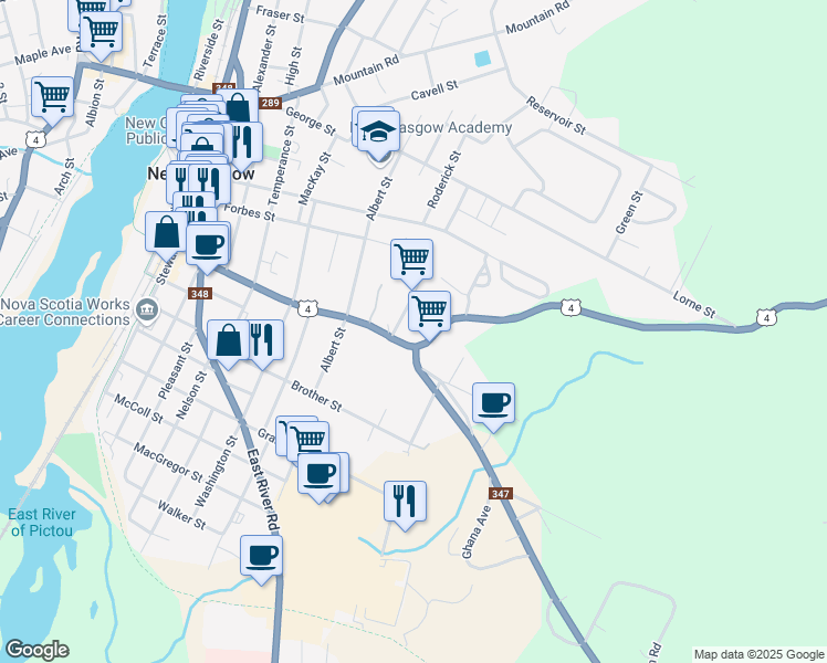 map of restaurants, bars, coffee shops, grocery stores, and more near 279 Grant Street in New Glasgow