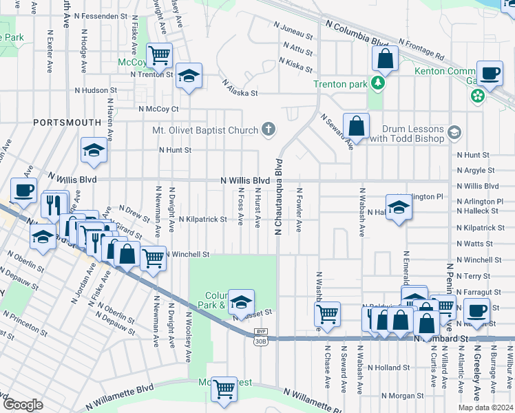 map of restaurants, bars, coffee shops, grocery stores, and more near 8312 North Hurst Avenue in Portland