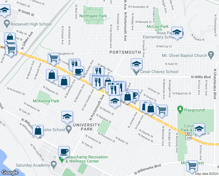 map of restaurants, bars, coffee shops, grocery stores, and more near 7621 North Portsmouth Avenue in Portland