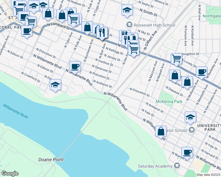 map of restaurants, bars, coffee shops, grocery stores, and more near 7033 North Ida Avenue in Portland