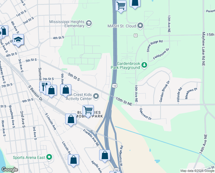 map of restaurants, bars, coffee shops, grocery stores, and more near 471 13th Avenue South in Sauk Rapids