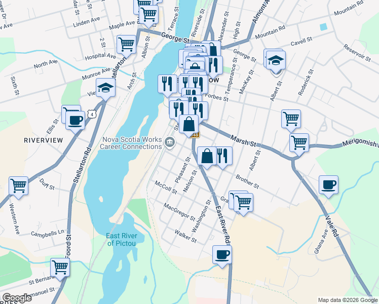 map of restaurants, bars, coffee shops, grocery stores, and more near 369 Pleasant Street in New Glasgow