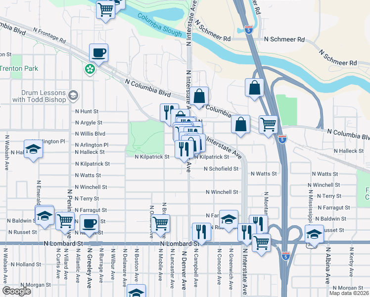 map of restaurants, bars, coffee shops, grocery stores, and more near 8324 North Denver Avenue in Portland