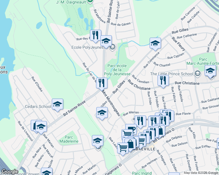 map of restaurants, bars, coffee shops, grocery stores, and more near 853 Montée Montrougeau in Laval