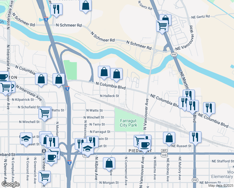 map of restaurants, bars, coffee shops, grocery stores, and more near 570 North Columbia Boulevard in Portland