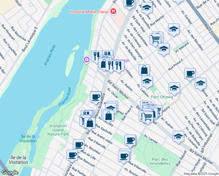 map of restaurants, bars, coffee shops, grocery stores, and more near 10795 Avenue Oscar in Montréal