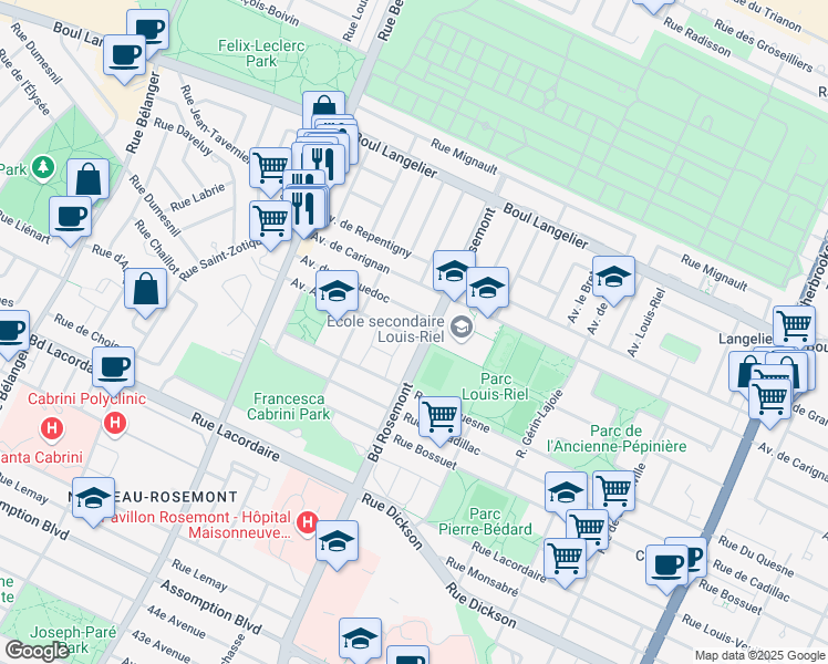 map of restaurants, bars, coffee shops, grocery stores, and more near 6015 Avenue Albani in Montréal