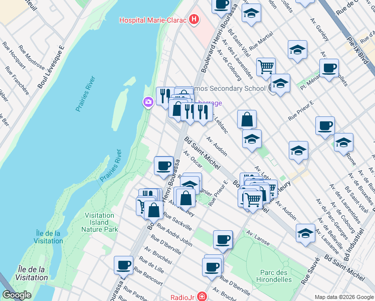 map of restaurants, bars, coffee shops, grocery stores, and more near 10795 Avenue Oscar in Montréal
