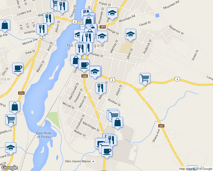 map of restaurants, bars, coffee shops, grocery stores, and more near 314 Washington Street in New Glasgow