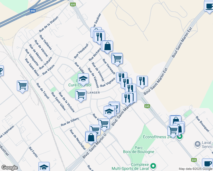 map of restaurants, bars, coffee shops, grocery stores, and more near 110 Rue Vigeant in Laval