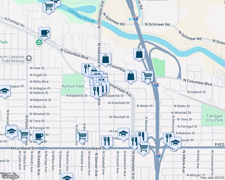 map of restaurants, bars, coffee shops, grocery stores, and more near 1810 North McClellan Street in Portland