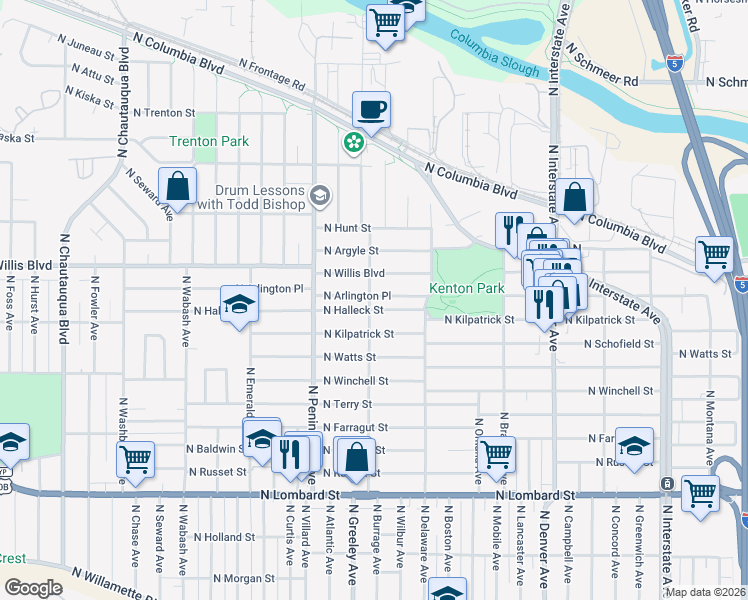 map of restaurants, bars, coffee shops, grocery stores, and more near 2626 North Willis Boulevard in Portland