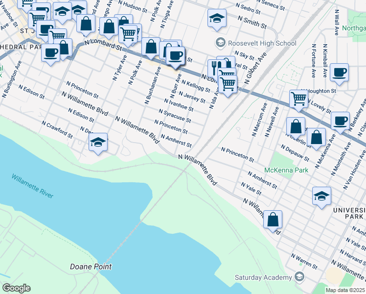 map of restaurants, bars, coffee shops, grocery stores, and more near 7035 North Amherst Street in Portland