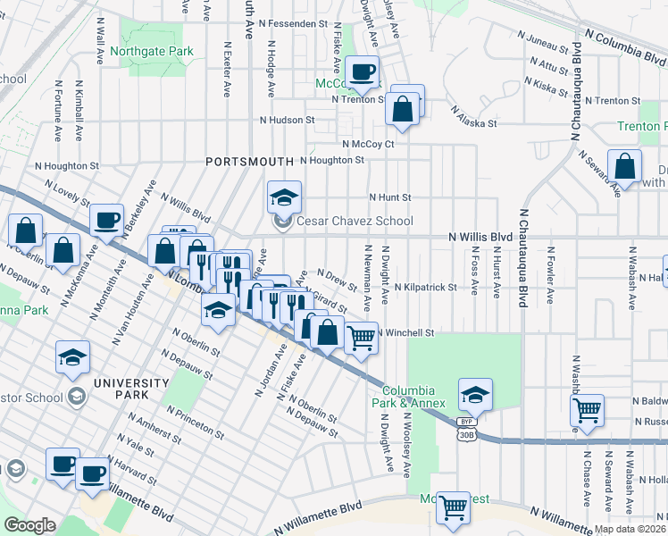 map of restaurants, bars, coffee shops, grocery stores, and more near 8112 North Druid Avenue in Portland