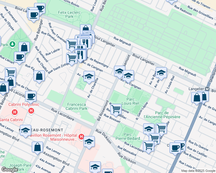 map of restaurants, bars, coffee shops, grocery stores, and more near 6025 Avenue Albani in Montréal