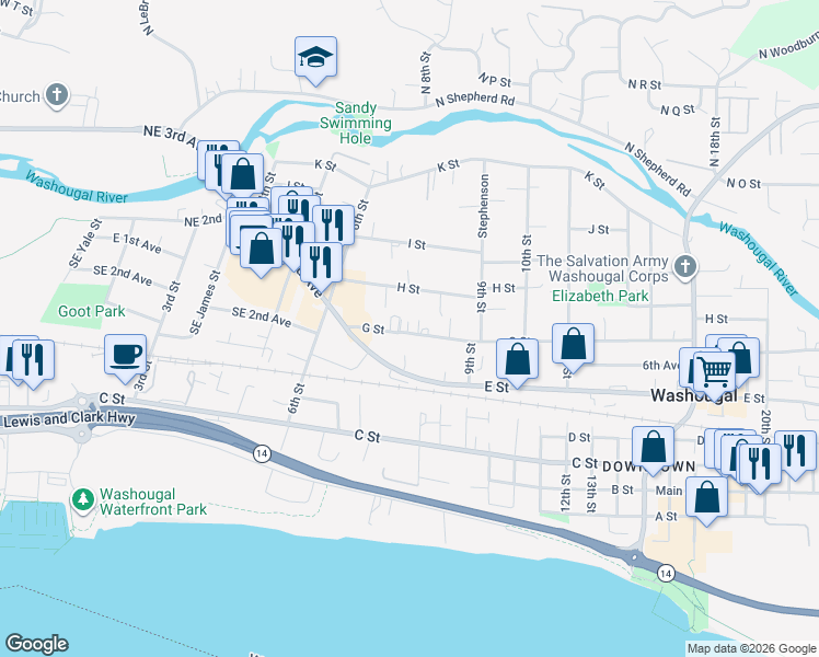 map of restaurants, bars, coffee shops, grocery stores, and more near 732 H Street in Washougal