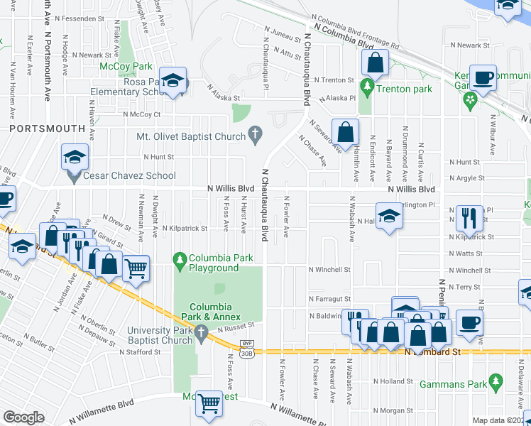 map of restaurants, bars, coffee shops, grocery stores, and more near 8314 North Chautauqua Boulevard in Portland