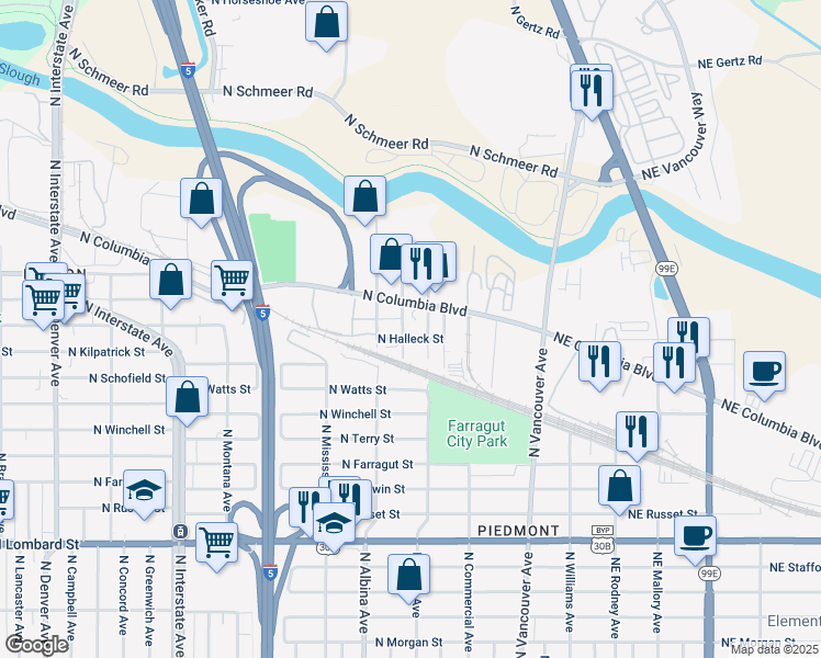 map of restaurants, bars, coffee shops, grocery stores, and more near 626 North Columbia Boulevard in Portland