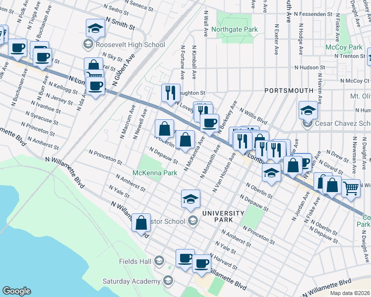 map of restaurants, bars, coffee shops, grocery stores, and more near 6015 North Oberlin Street in Portland