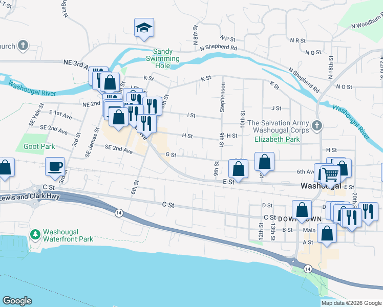 map of restaurants, bars, coffee shops, grocery stores, and more near 820 H Street in Washougal