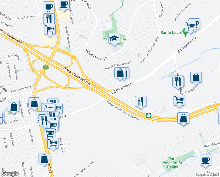 map of restaurants, bars, coffee shops, grocery stores, and more near 2508 B Rue de l'Ombrette in Laval