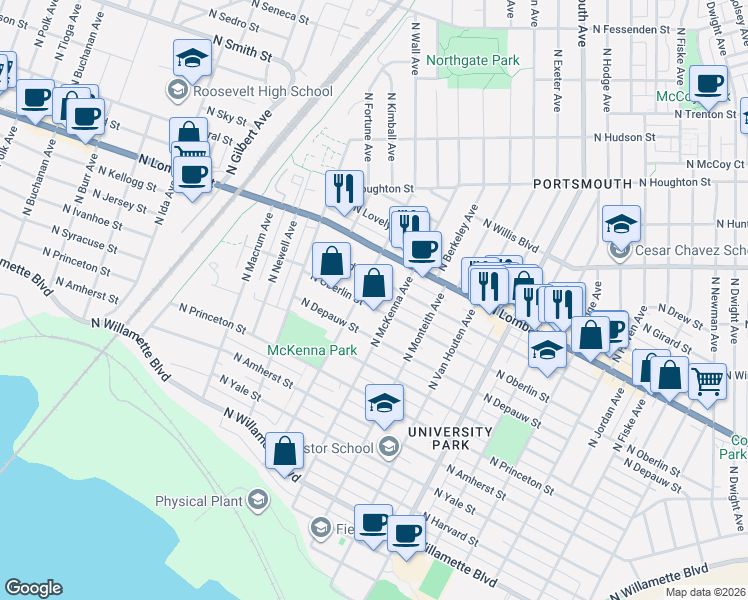 map of restaurants, bars, coffee shops, grocery stores, and more near 6026 North Bowdoin Street in Portland