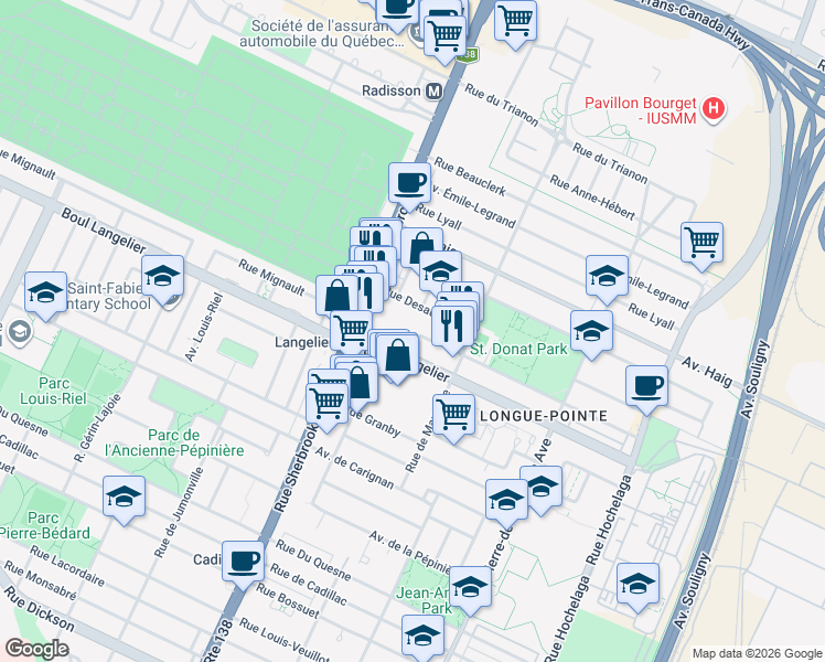 map of restaurants, bars, coffee shops, grocery stores, and more near 3155 Avenue Parkville in Montréal