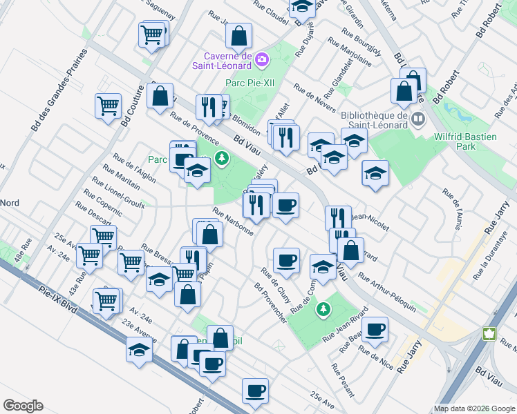 map of restaurants, bars, coffee shops, grocery stores, and more near 8719 Rue du Maréchal Ney in Montréal