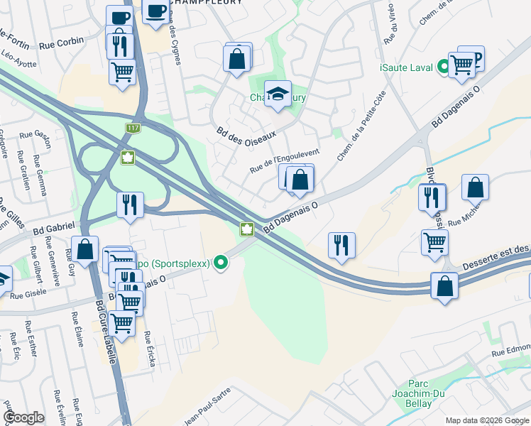 map of restaurants, bars, coffee shops, grocery stores, and more near 2508 B Rue de l'Ombrette in Laval