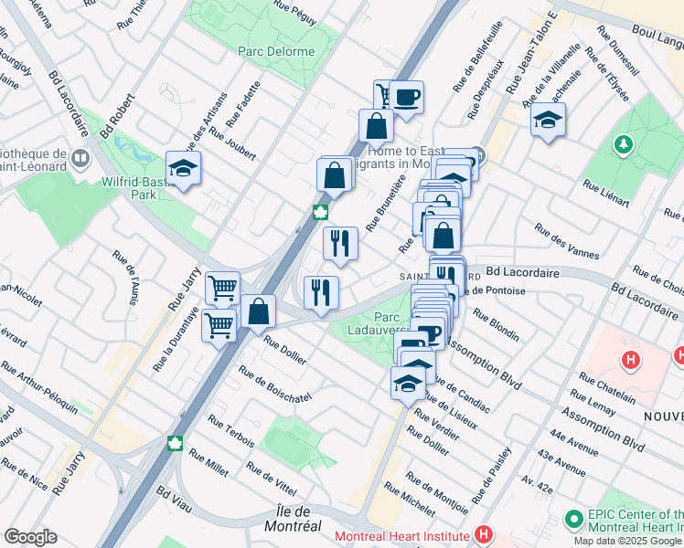map of restaurants, bars, coffee shops, grocery stores, and more near 7650 Rue Lespinay in Montréal