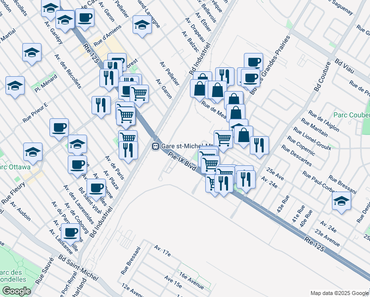 map of restaurants, bars, coffee shops, grocery stores, and more near 4141 55e Rue in Montréal